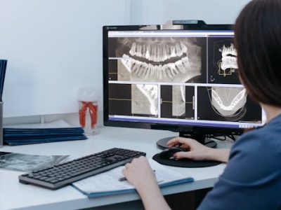 Dentist examining dental X-rays on a computer screen in a clinic.